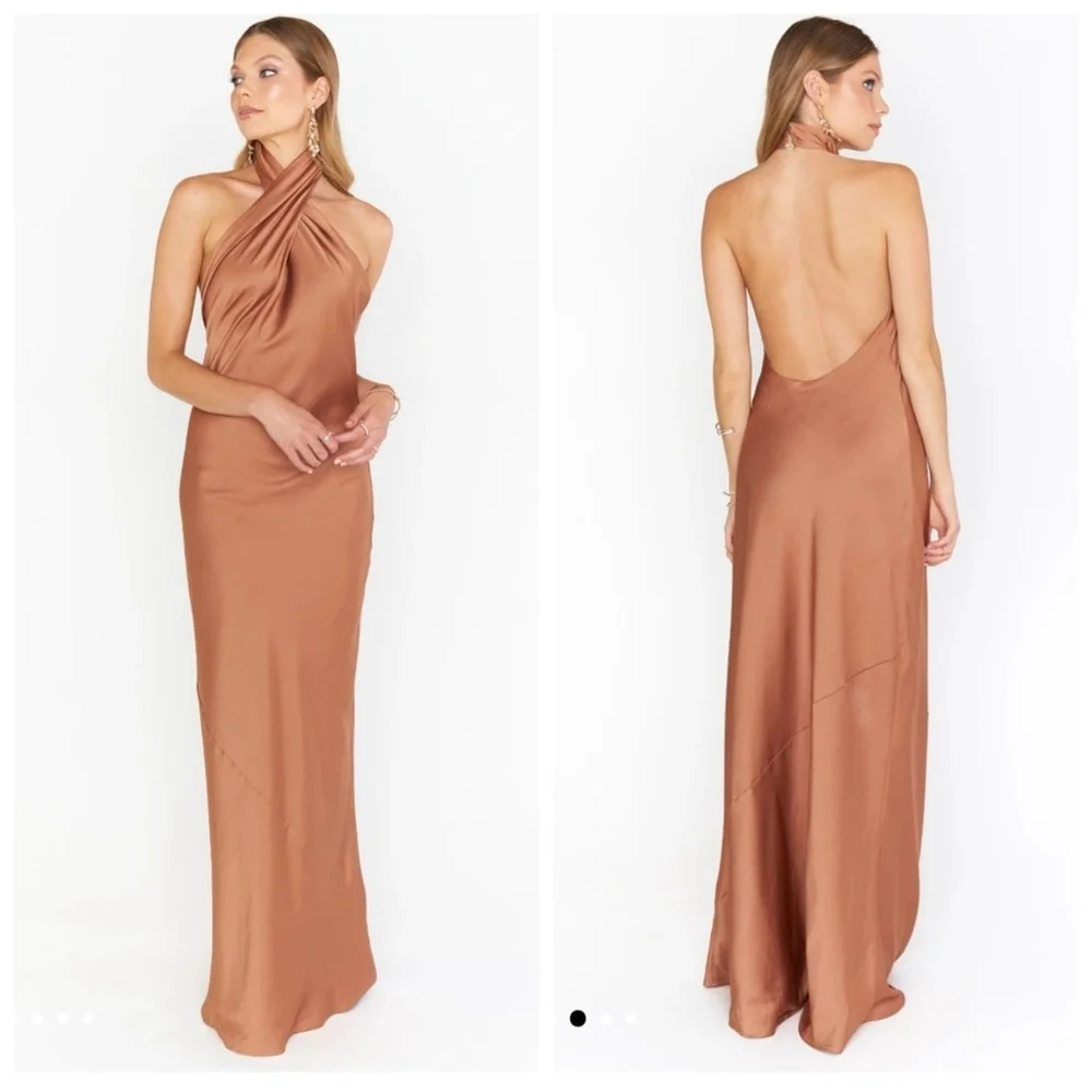 NWOT Show Me Your MuMu Jasmine Halter Maxi Dress in Copper Luxe Satin sz XXS